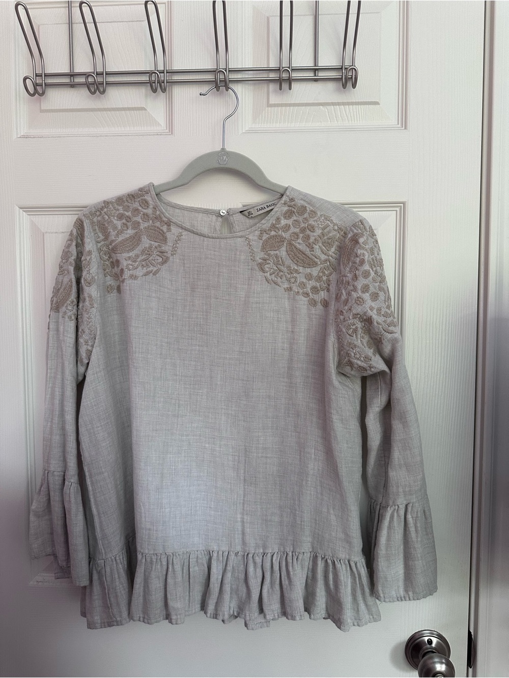 Light Khaki Embroidered Ruffle Hem Blouse